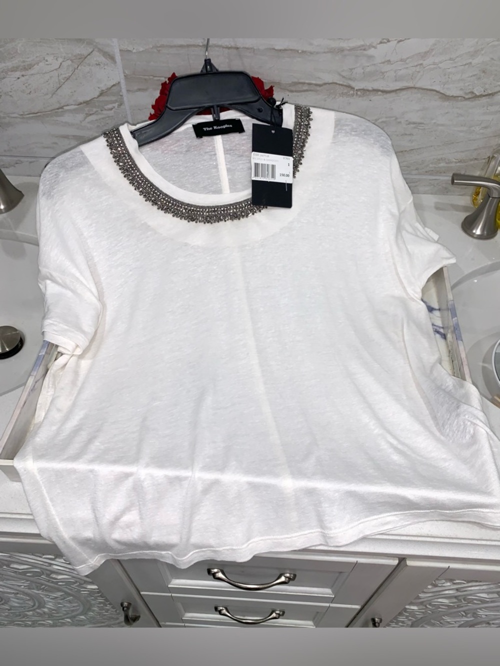 The Kooples NWT $150 White Short Sleeve Tee with Embroidered Neckline, Size S